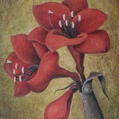 Acrylbild einer roten Amaryllis vor braunem Hintergrund